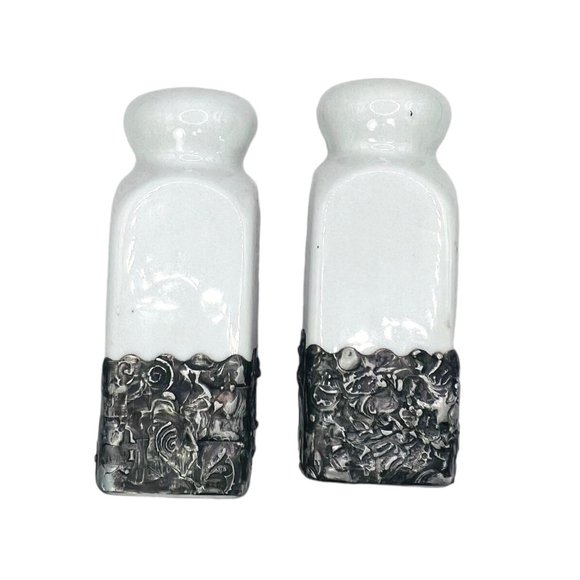 Artisan Ceramic Salt & Pepper Shakers Upcycled with Silver Blend Boho Metalwork - Picture 5 of 11
